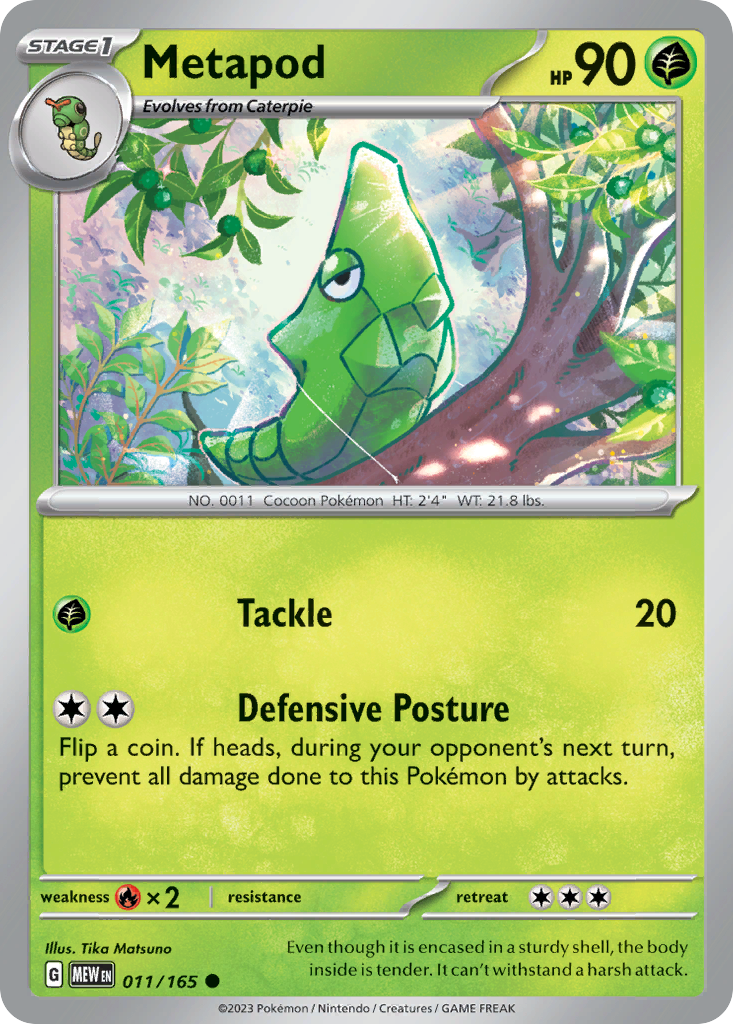 Metapod Stage 1 card #011 from Pokemon 151, hanging from a tree branch in a forest.