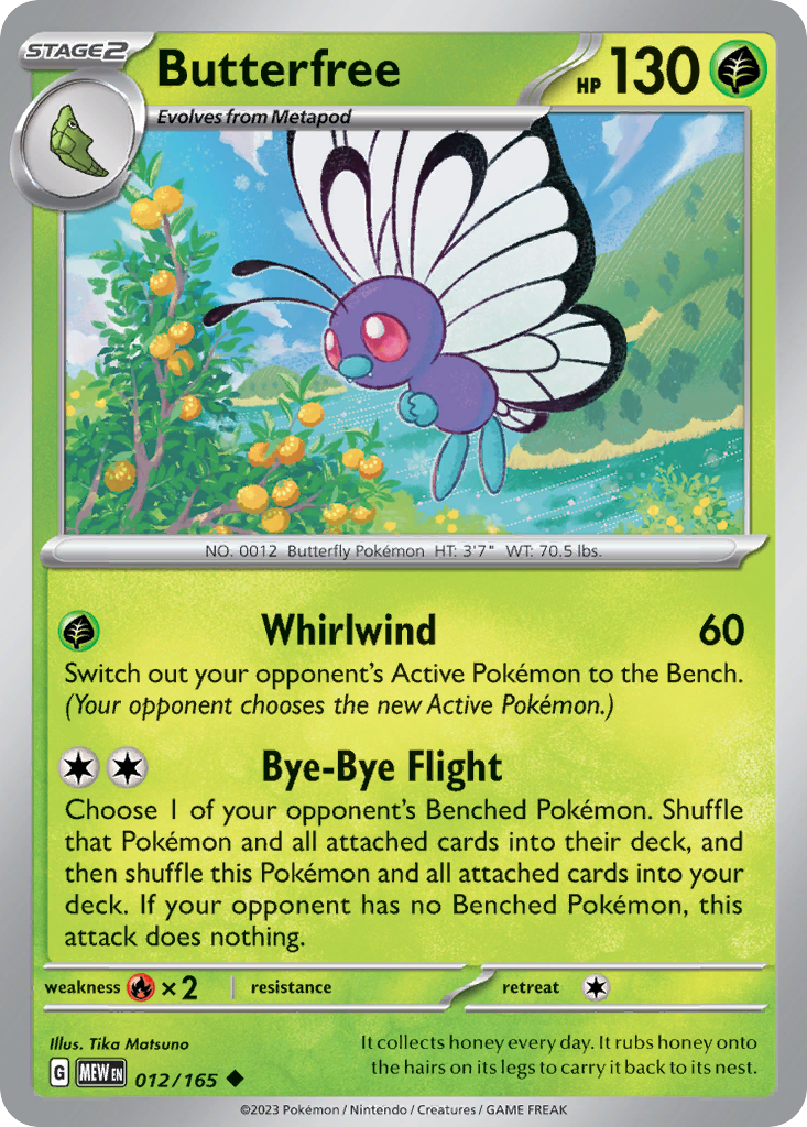 Butterfree Stage 2 card #012 from Pokemon 151, flying over a field of blooming flowers.