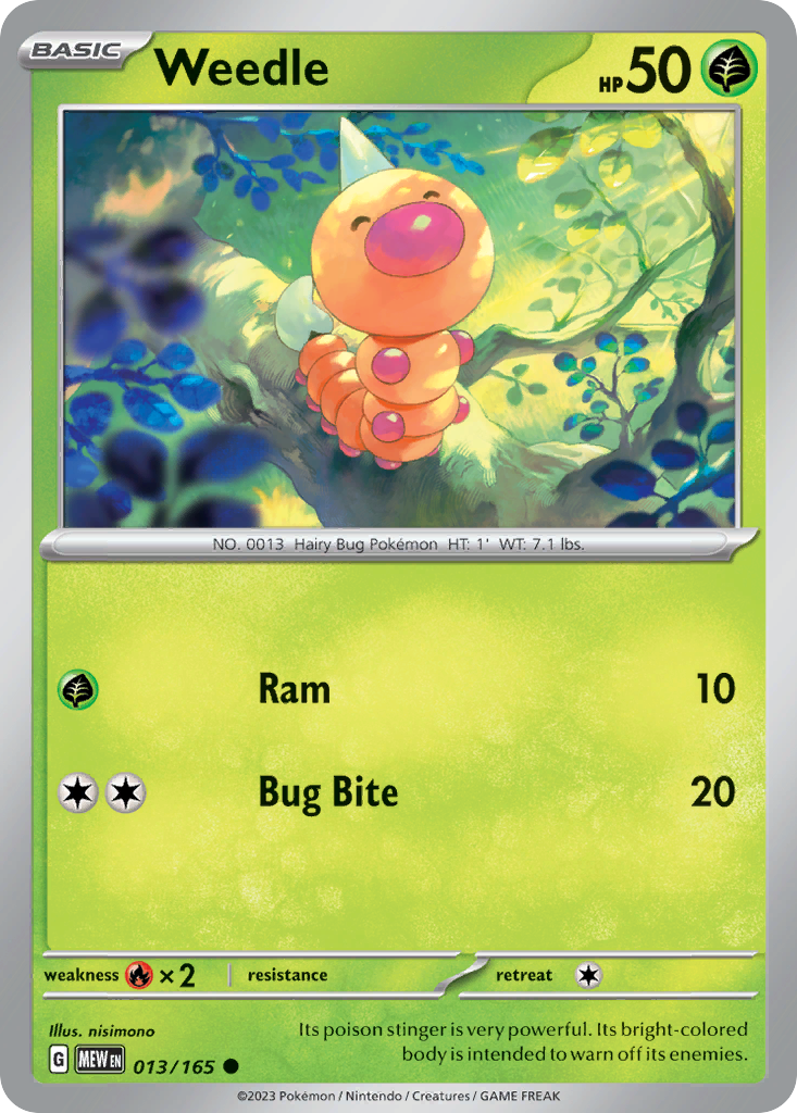Weedle Grass-type card #013 from Pokemon 151, crawling through forest undergrowth.