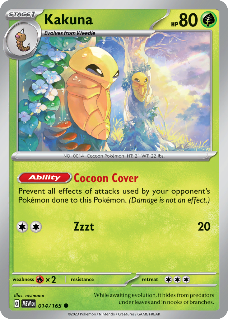 Kakuna Stage 1 card #014 from Pokemon 151, nestled among tree roots and leaves.