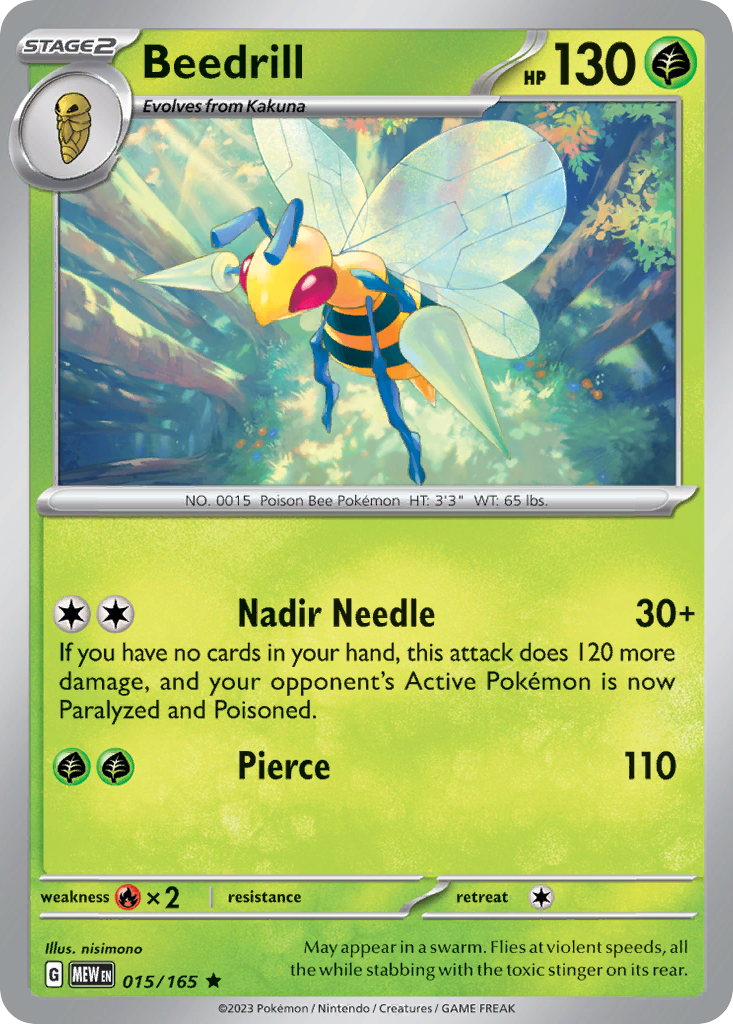 Beedrill Stage 2 card #015 from Pokemon 151, flying with its twin stingers forward.