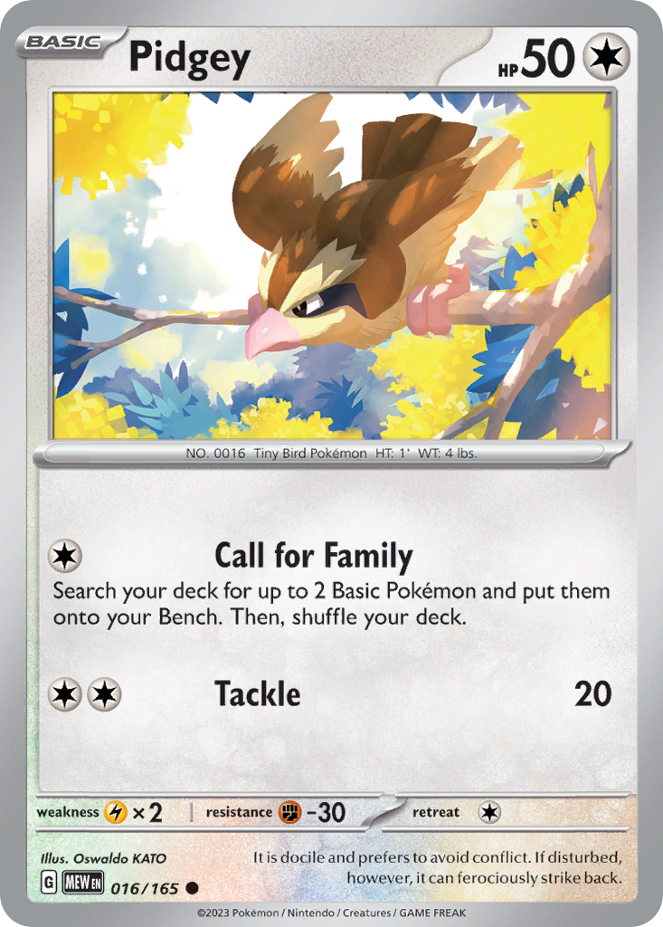 Pidgey Colorless-type card #016 from Pokemon 151, perched on a wooden fence post.