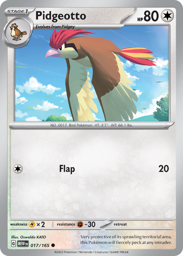 Pidgeotto Stage 1 card #017 from Pokemon 151, soaring through white clouds.