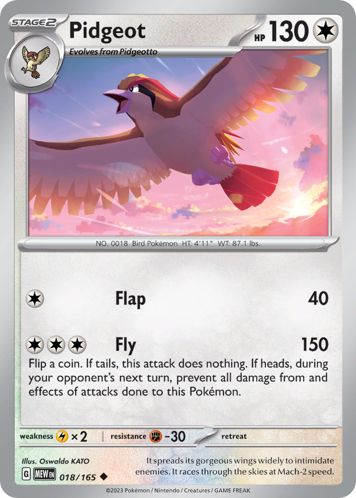 Pidgeot Stage 2 card #018 from Pokemon 151, a powerful bird Pokemon in flight.