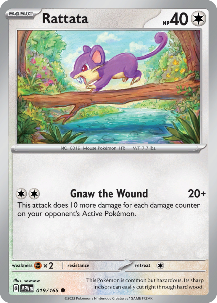 Rattata Colorless-type card #019 from Pokemon 151, running across a city sidewalk.