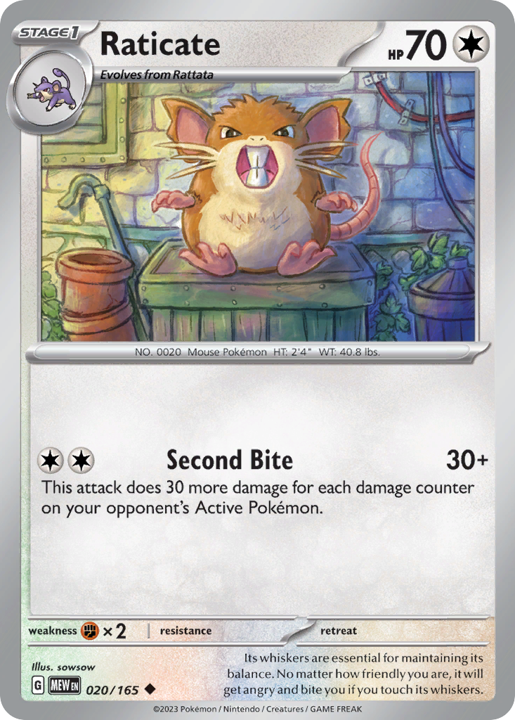 Raticate Stage 1 card #020 from Pokemon 151, showing its sharp teeth in an urban setting.