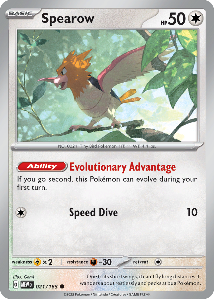 Spearow Colorless-type card #021 from Pokemon 151, flying low over a grassy field.