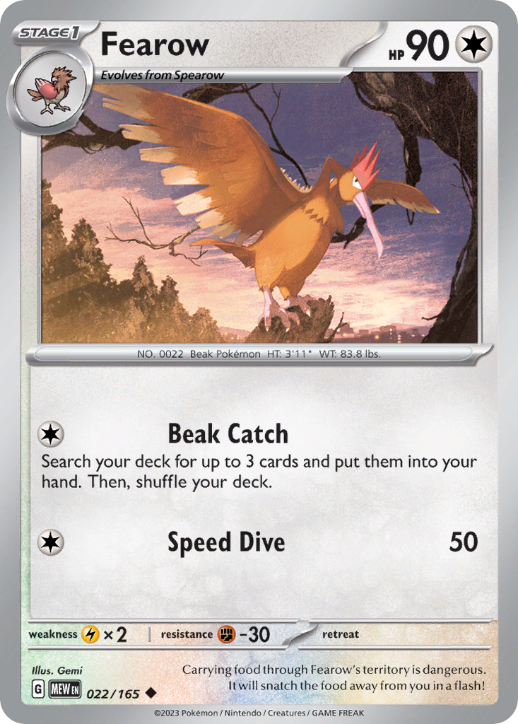 Fearow Stage 1 card #022 from Pokemon 151, a large bird Pokemon with its beak open.