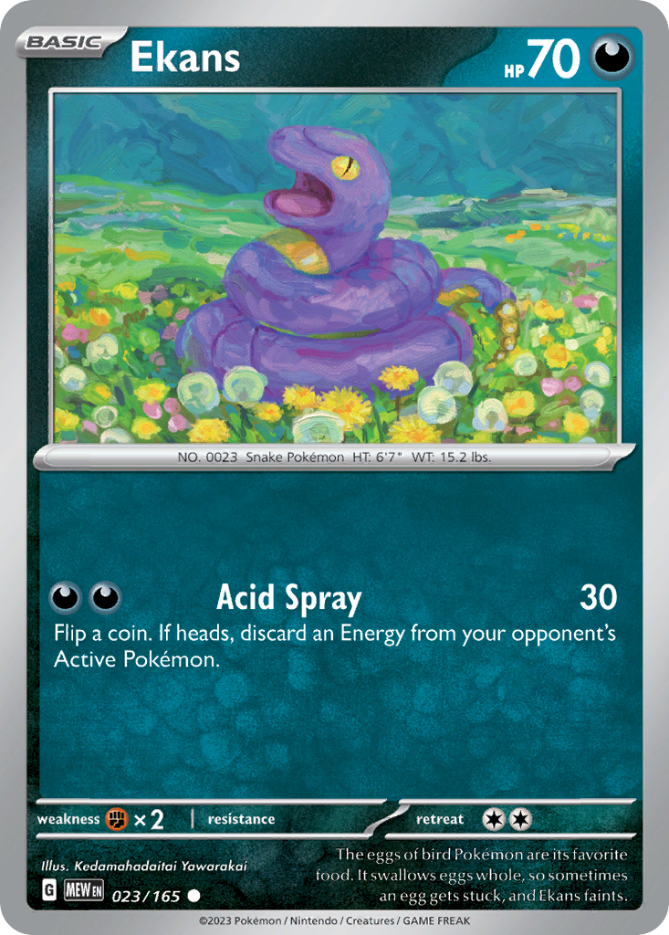 Ekans Darkness-type card #023 from Pokemon 151, coiled up on purple ground.