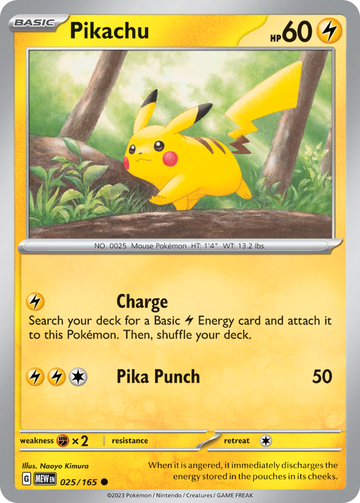 Pikachu Lightning-type card #025 from Pokemon 151, running through a forest with electric sparks.