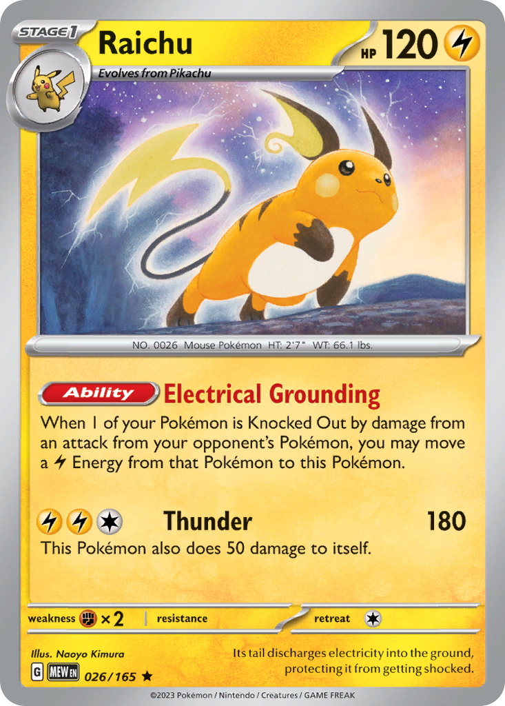 Raichu Lightning-type Stage 1 card #026 from Pokemon 151, generating electricity in a darkened room.