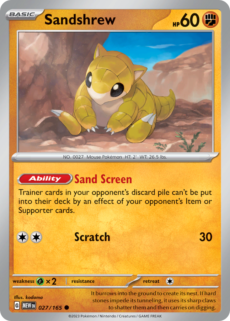 Sandshrew Fighting-type card #027 from Pokemon 151, curled into a ball on dry desert ground.
