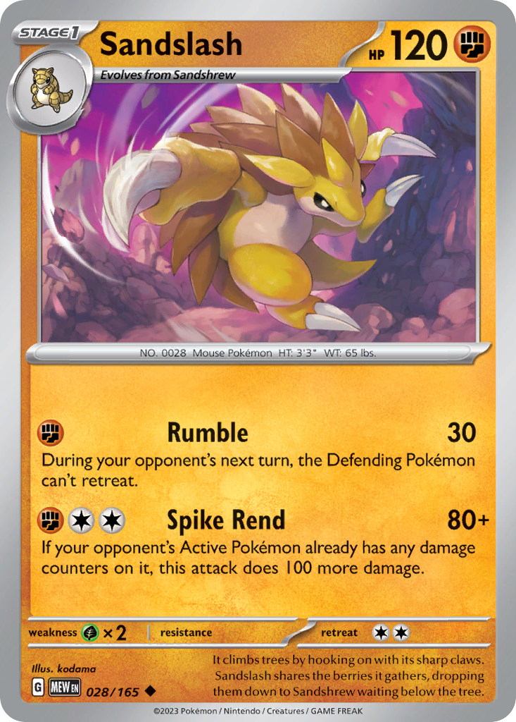 Sandslash Stage 1 card #028 from Pokemon 151, showing its sharp quills in a sandy environment.