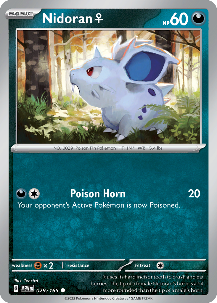 Nidoran Female Poison-type card #029 from Pokemon 151, sitting in a field of tall grass.