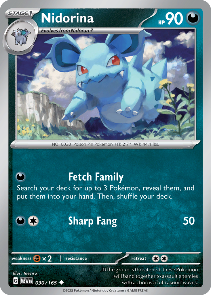 Nidorina Stage 1 card #030 from Pokemon 151, moving through a rocky mountain pass.