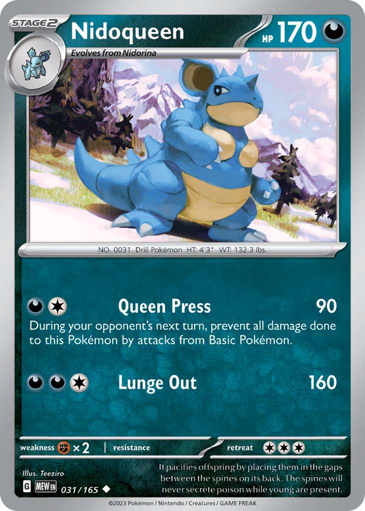 Nidoqueen Stage 2 card #031 from Pokemon 151, a powerful blue armored Pokemon standing tall.