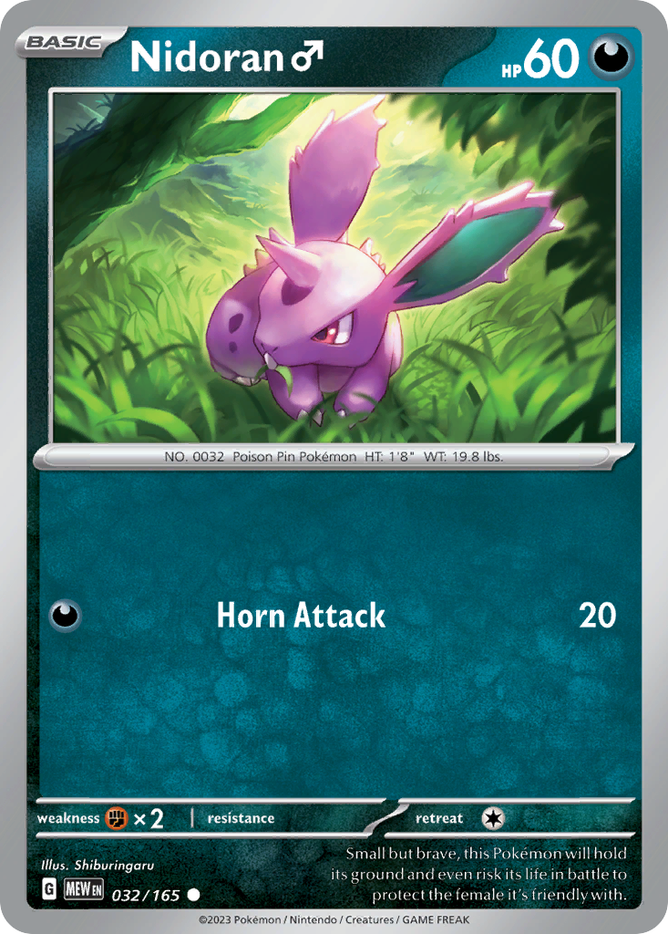 Nidoran Male Poison-type card #032 from Pokemon 151, alert and listening in a grassy meadow.