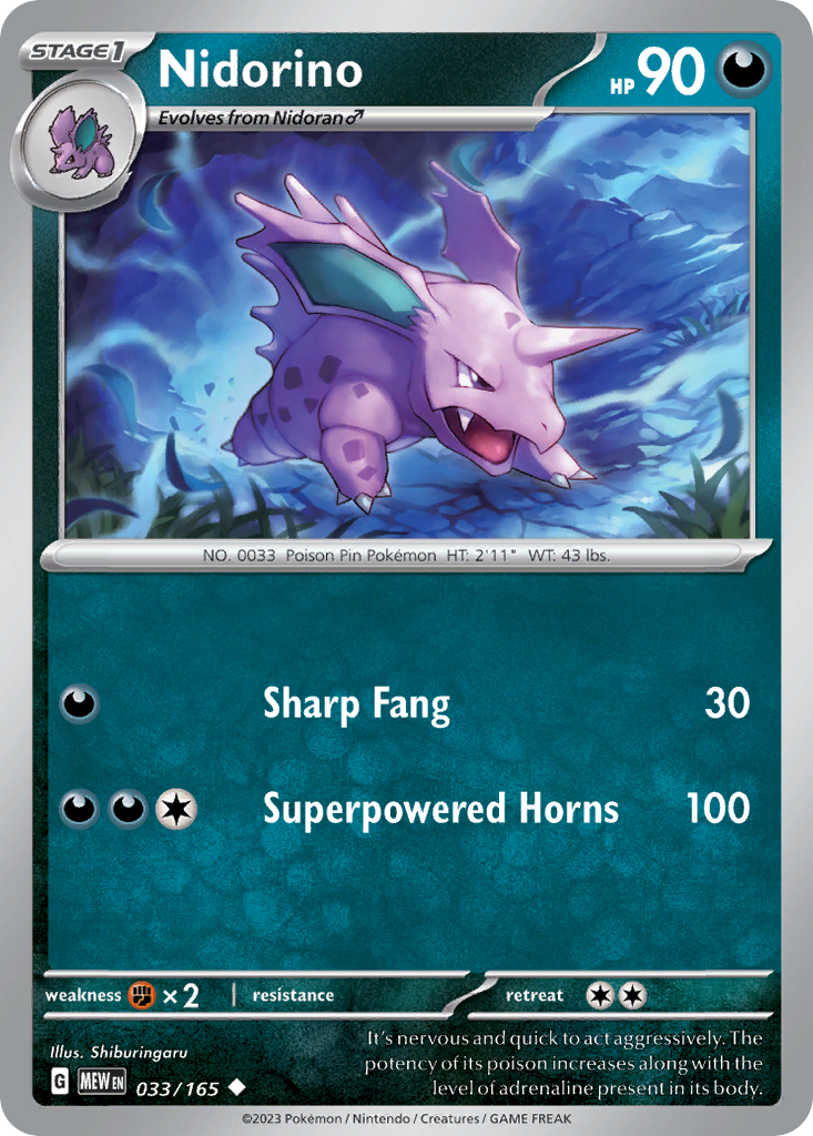 Nidorino Stage 1 card #033 from Pokemon 151, charging forward with its toxic horn.