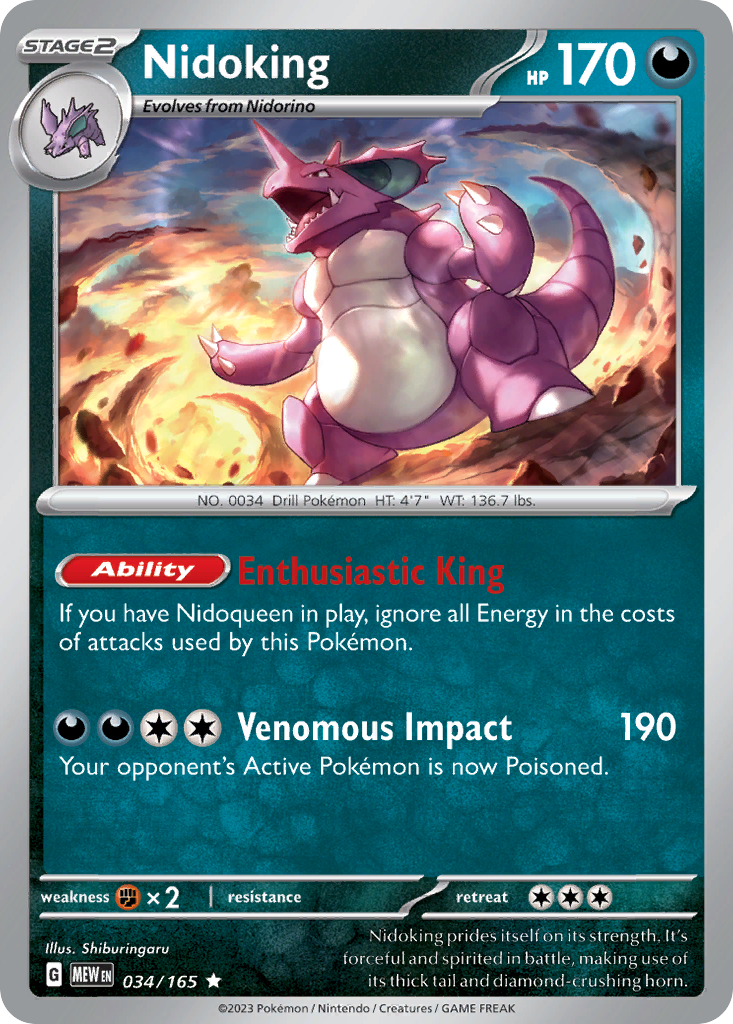 Nidoking Stage 2 card #034 from Pokemon 151, a fierce purple Pokemon in a subterranean cave.