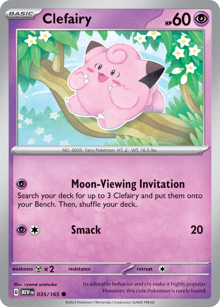 Clefairy Psychic-type card #035 from Pokemon 151, dancing under a moonlit sky.