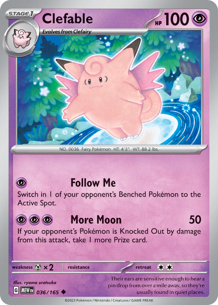 Clefable Stage 1 card #036 from Pokemon 151, floating gracefully in a starry night scene.