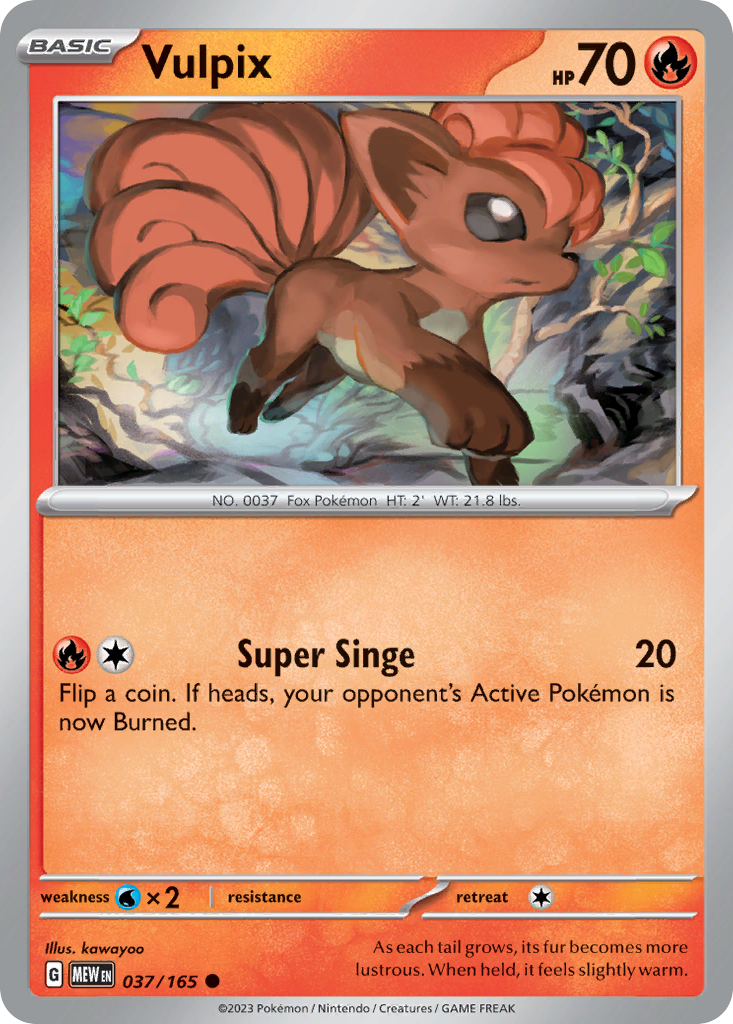 Vulpix Fire-type card #037 from Pokemon 151, sitting near a warm stone fireplace.