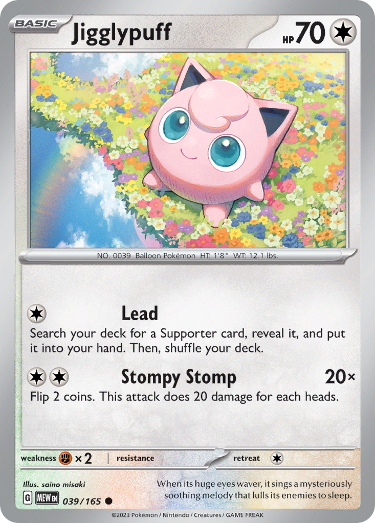 Jigglypuff Colorless-type card #039 from Pokemon 151, singing on a grassy hill.