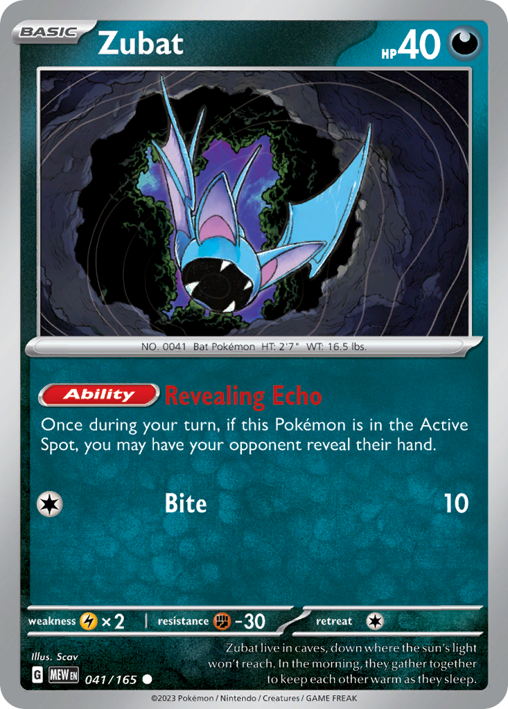 Zubat Darkness-type card #041 from Pokemon 151, flying through a dark purple cavern.