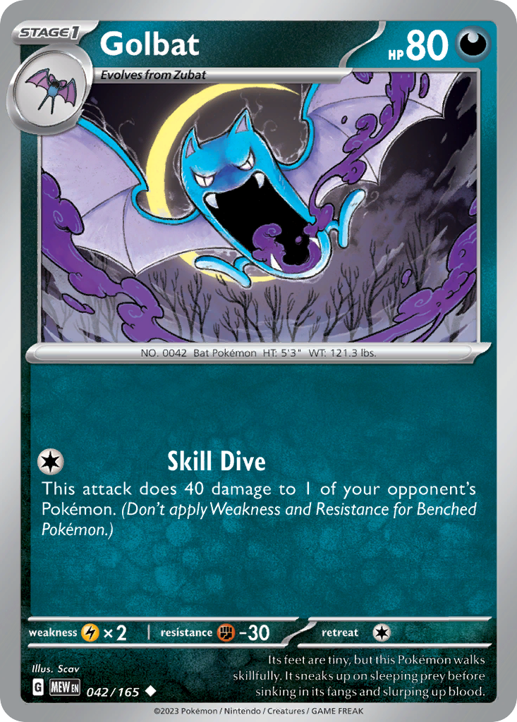 Golbat Stage 1 card #042 from Pokemon 151, with its large mouth open in a cave.