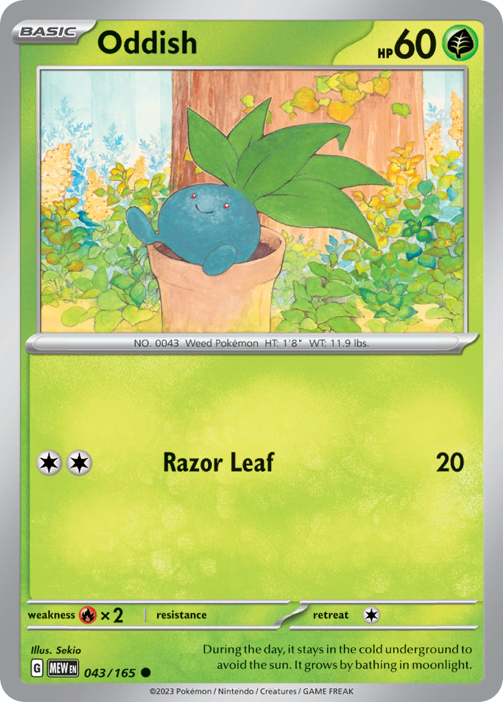 Oddish Grass-type card #043 from Pokemon 151, buried in the soil with only its leaves showing.