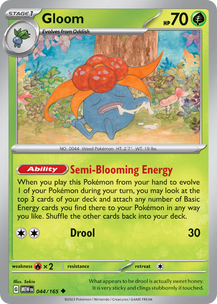 Gloom Stage 1 card #044 from Pokemon 151, releasing spores in a swampy forest.