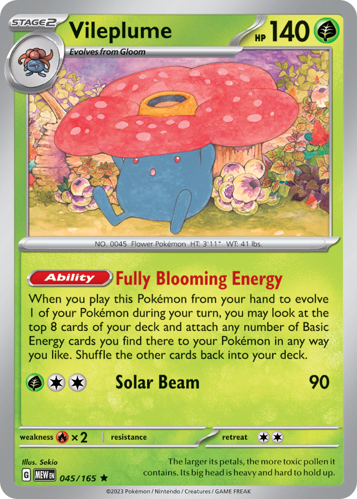 Vileplume Stage 2 card #045 from Pokemon 151, featuring its massive red flower petals.