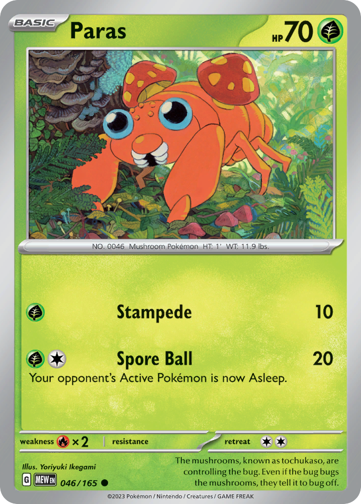 Paras Grass-type card #046 from Pokemon 151, crawling on a damp log with mushrooms.