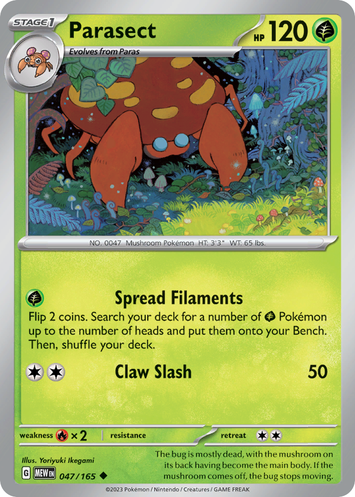 Parasect Stage 1 card #047 from Pokemon 151, with a large orange mushroom on its back.