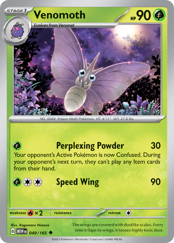 Venomoth Stage 1 card #049 from Pokemon 151, fluttering its wings in the moonlight.