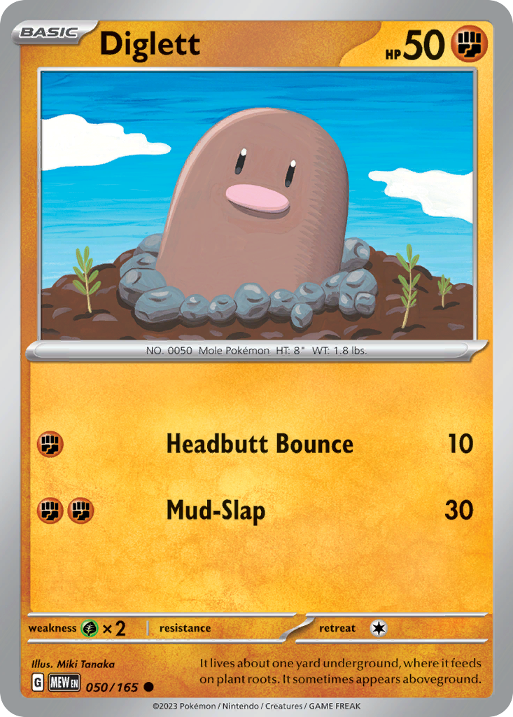 Diglett Fighting-type card #050 from Pokemon 151, popping its head out of a brown dirt mound.