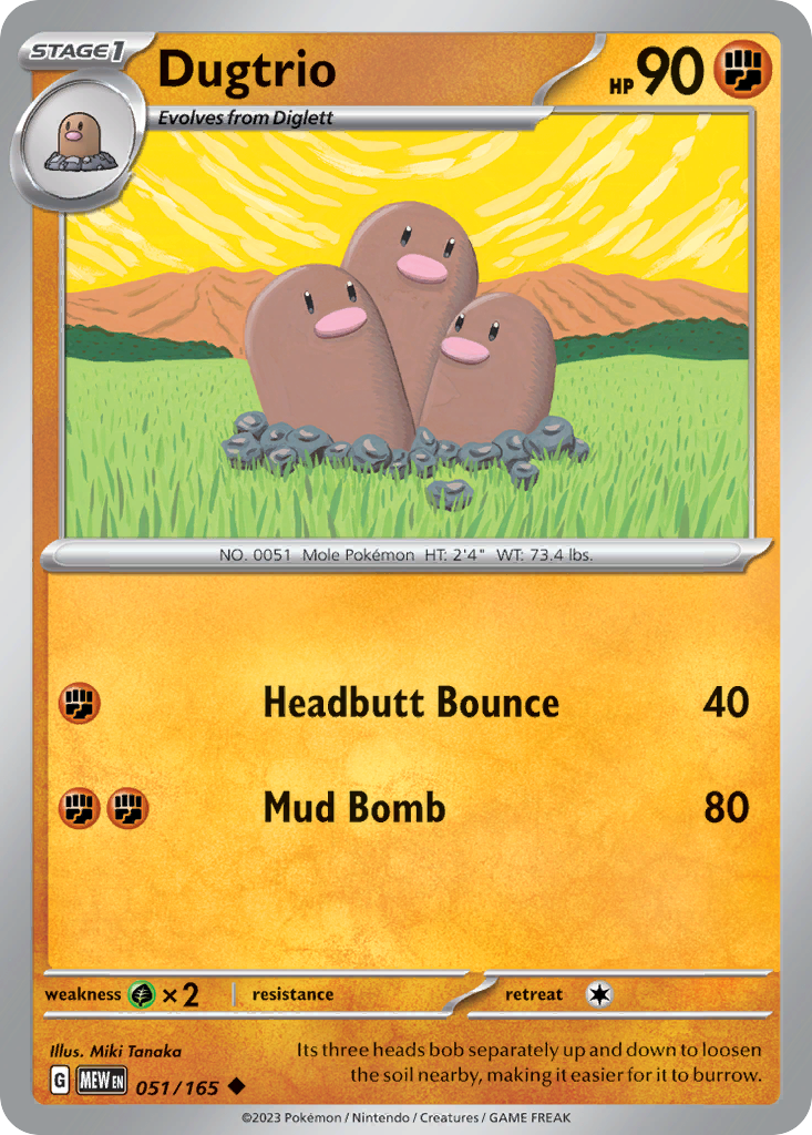 Dugtrio Stage 1 card #051 from Pokemon 151, the three-headed Ground Pokemon in a deep tunnel.