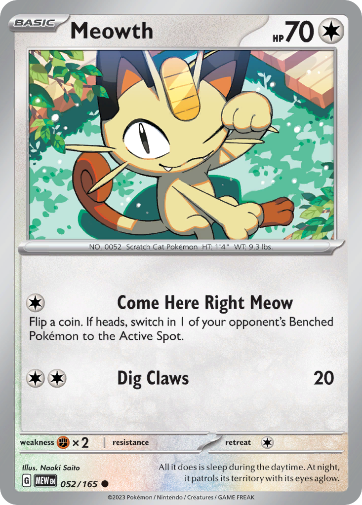 Meowth Colorless-type card #052 from Pokemon 151, sitting on a wooden porch with a gold coin.