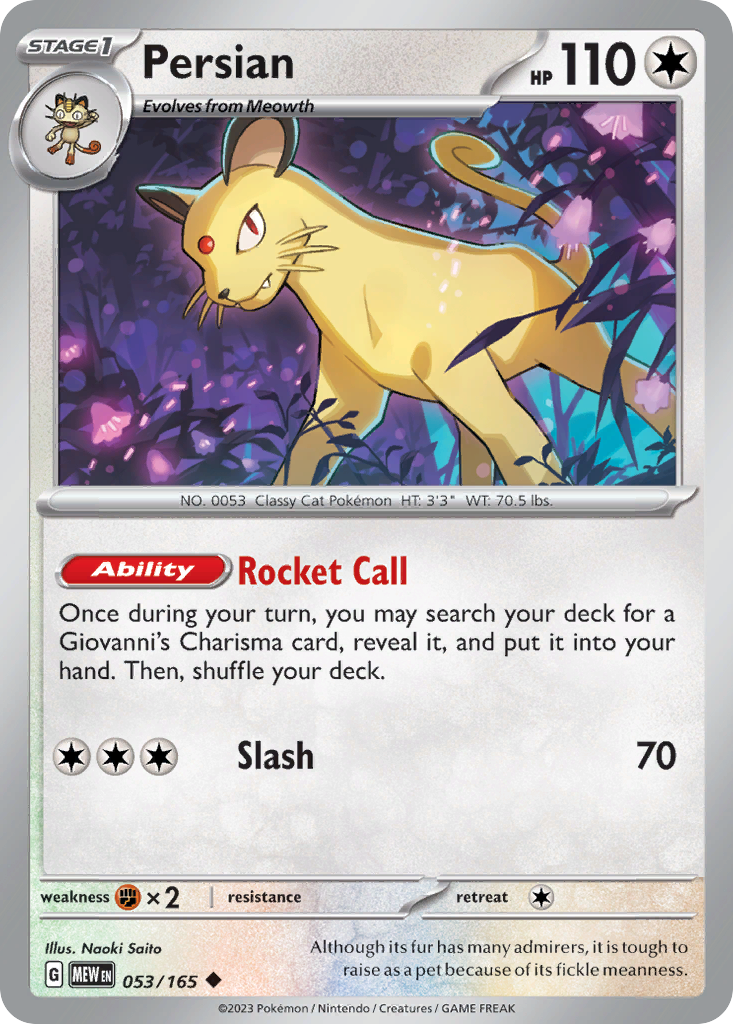 Persian Stage 1 card #053 from Pokemon 151, a sleek white cat Pokemon in a high-end room.