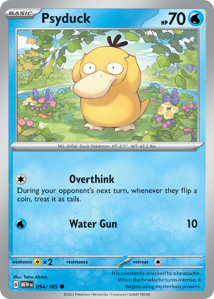 Psyduck Water-type card #054 from Pokemon 151, holding its head in confusion by a riverbank.