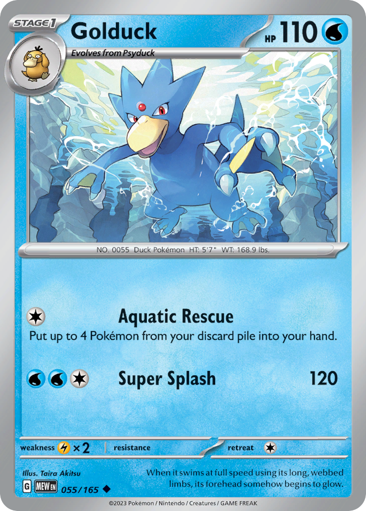 Golduck Stage 1 card #055 from Pokemon 151, swimming gracefully through clear blue water.