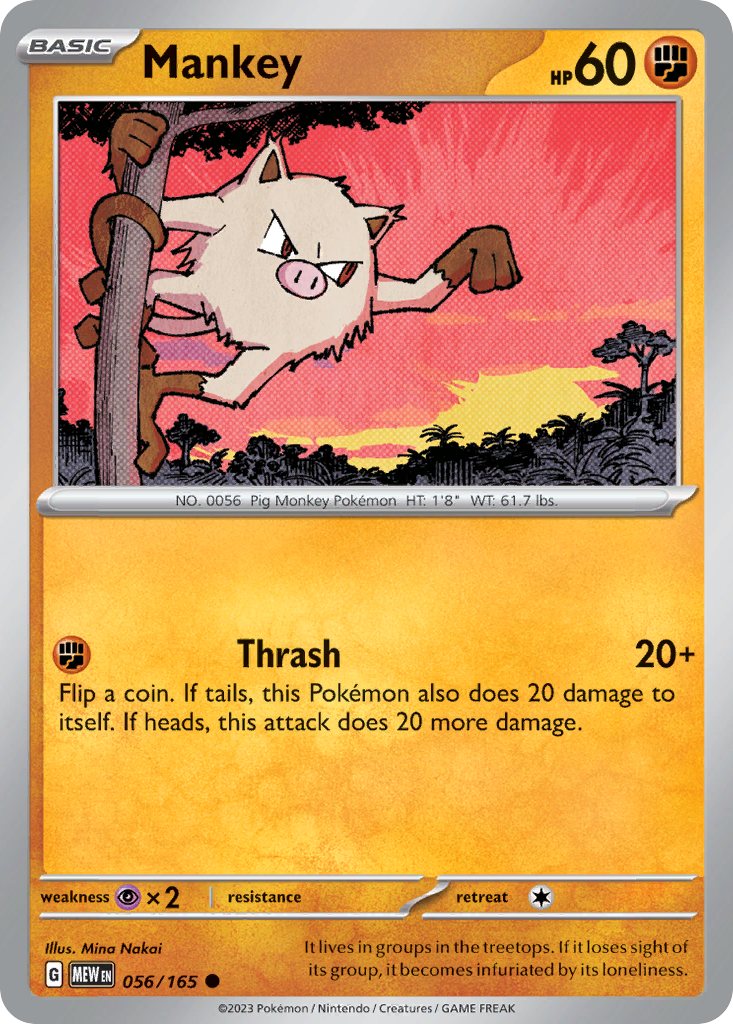 Mankey Fighting-type card #056 from Pokemon 151, swinging from a jungle vine.