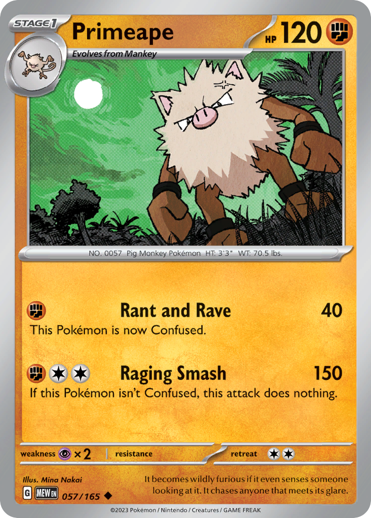 Primeape Stage 1 card #057 from Pokemon 151, an aggressive Pig Monkey Pokemon in a rocky canyon.