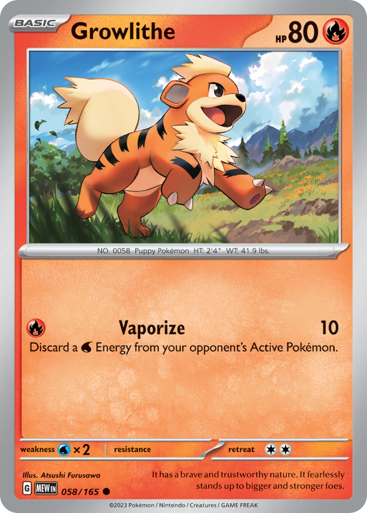 Growlithe Fire-type card #058 from Pokemon 151, sitting loyally in front of a police station.