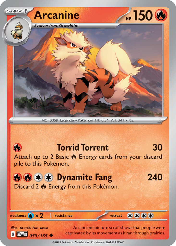 Arcanine Stage 1 card #059 from Pokemon 151, a majestic orange fire Pokemon in tall grass.