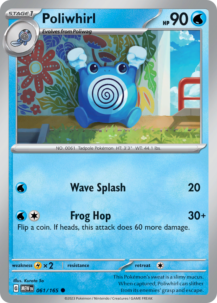 Poliwhirl Stage 1 card #061 from Pokemon 151, showing its swirl pattern near a waterfall.