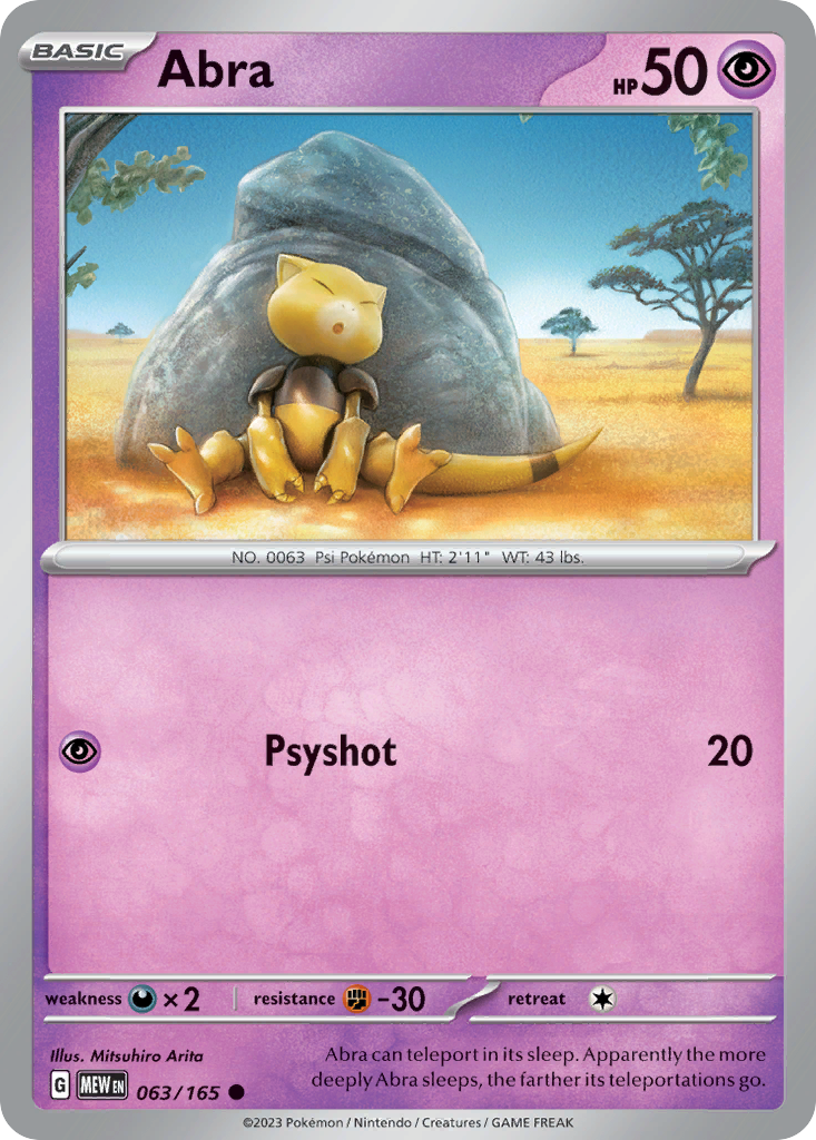 Abra Psychic-type card #063 from Pokemon 151, sleeping peacefully while floating.