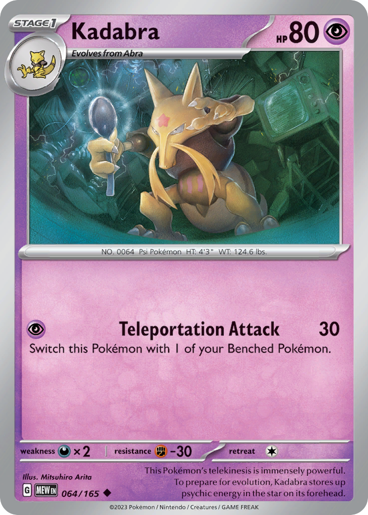 Kadabra Stage 1 card #064 from Pokemon 151, holding a silver spoon with psychic energy.