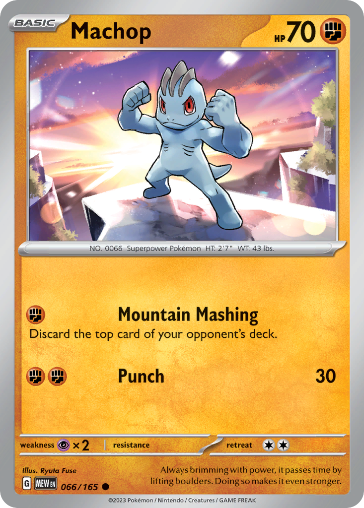 Machop Fighting-type card #066 from Pokemon 151, lifting heavy rocks in a construction zone.