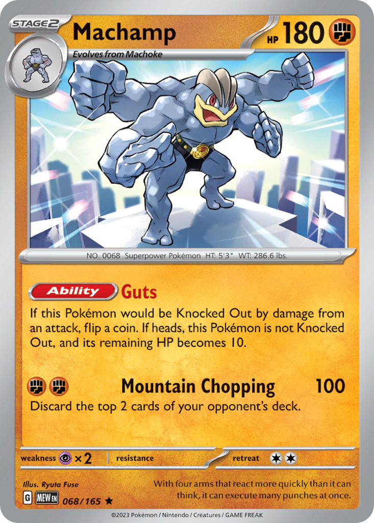 Machamp Stage 2 card #068 from Pokemon 151, featuring the four-armed Pokemon.